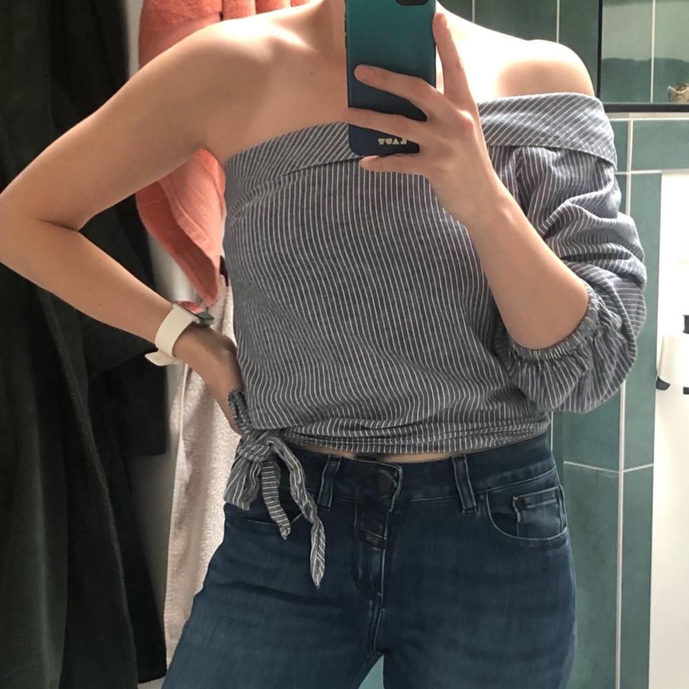 Free People Blue and White Striped Off-Shoulder Tie-Hem Top